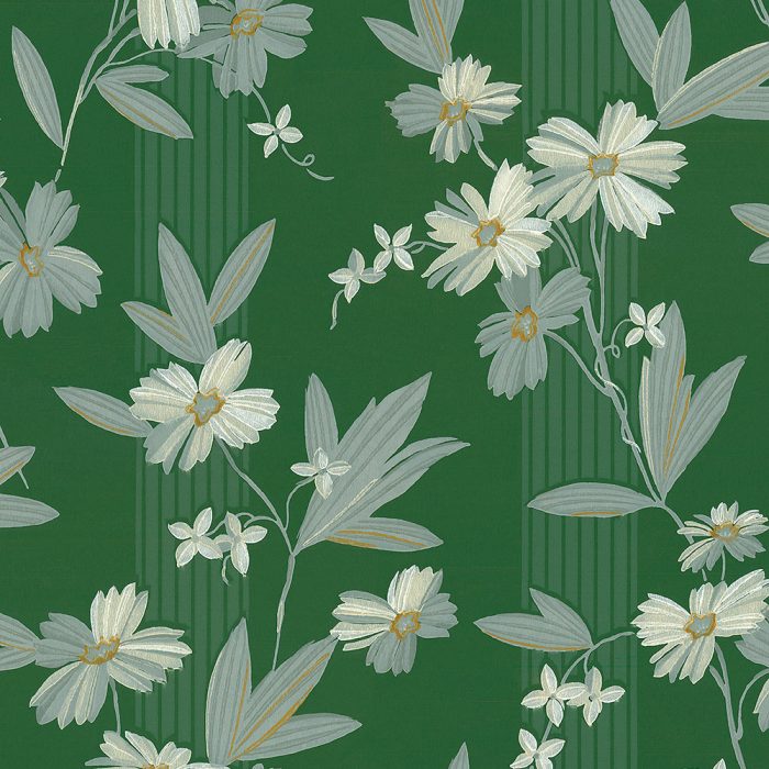 Daisy All Day wallpaper features a green background with white and yellow daisies, light green leaves, and subtle vertical lines—ideal for set design or bringing retro charm to any space.