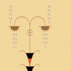 Rainfall: Abstract face with drooping eyelids, red lashes, and blue teardrops on beige, blending vintage wallpaper patterns with subtle art deco flair.