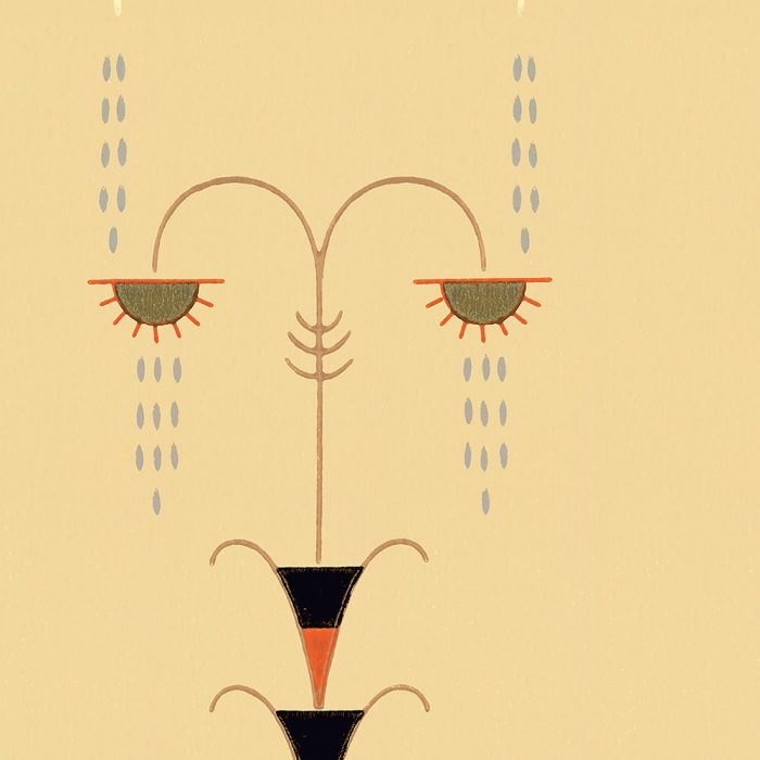 Rainfall: Abstract face with drooping eyelids, red lashes, and blue teardrops on beige, blending vintage wallpaper patterns with subtle art deco flair.