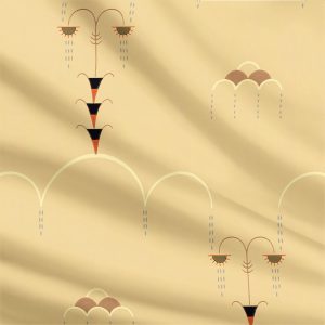 Rainfall features a repeating pattern of abstract faces with closed eyes and teardrop accents on a beige background of curved lines and geometric shapes, evoking vintage wallpaper ideal for chic set design.