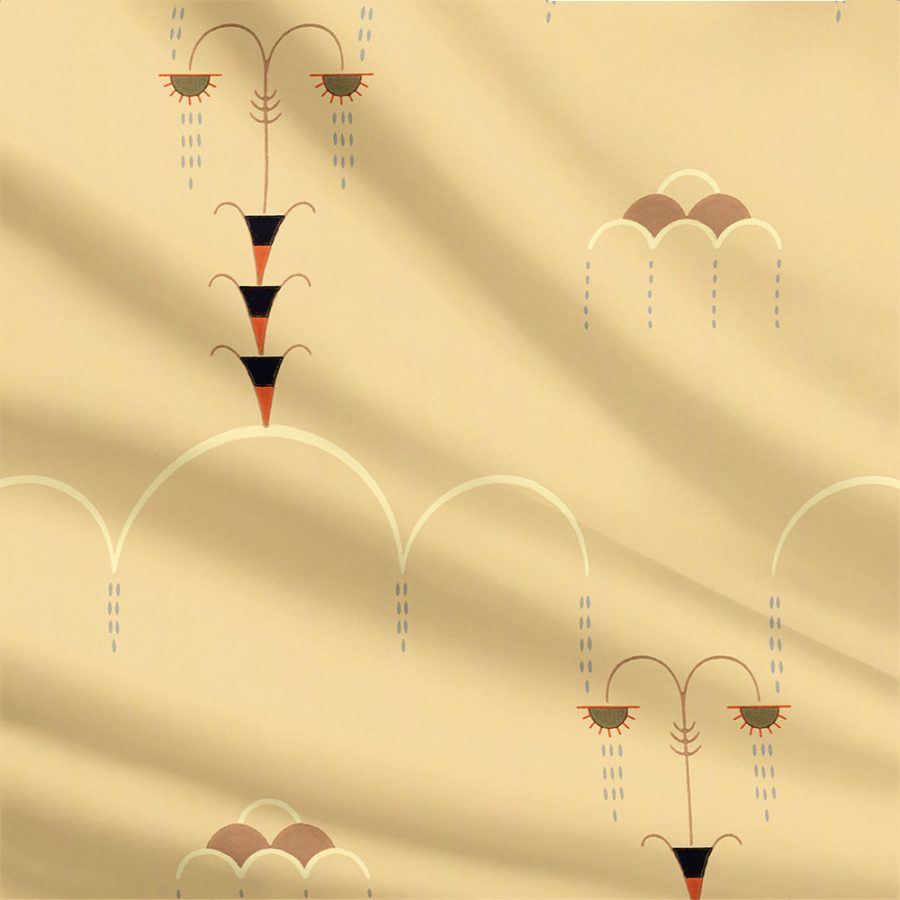 Rainfall features a repeating pattern of abstract faces with closed eyes and teardrop accents on a beige background of curved lines and geometric shapes, evoking vintage wallpaper ideal for chic set design.