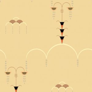 Rainfall is a beige vintage wallpaper featuring repeating abstract Art Deco designs that resemble stylized fountains and geometric arches in black, green, orange, and gray—perfect for set design with a retro touch.