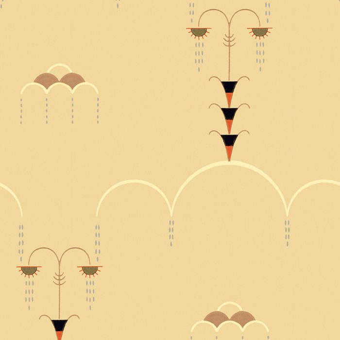 Rainfall is a beige vintage wallpaper featuring repeating abstract Art Deco designs that resemble stylized fountains and geometric arches in black, green, orange, and gray—perfect for set design with a retro touch.