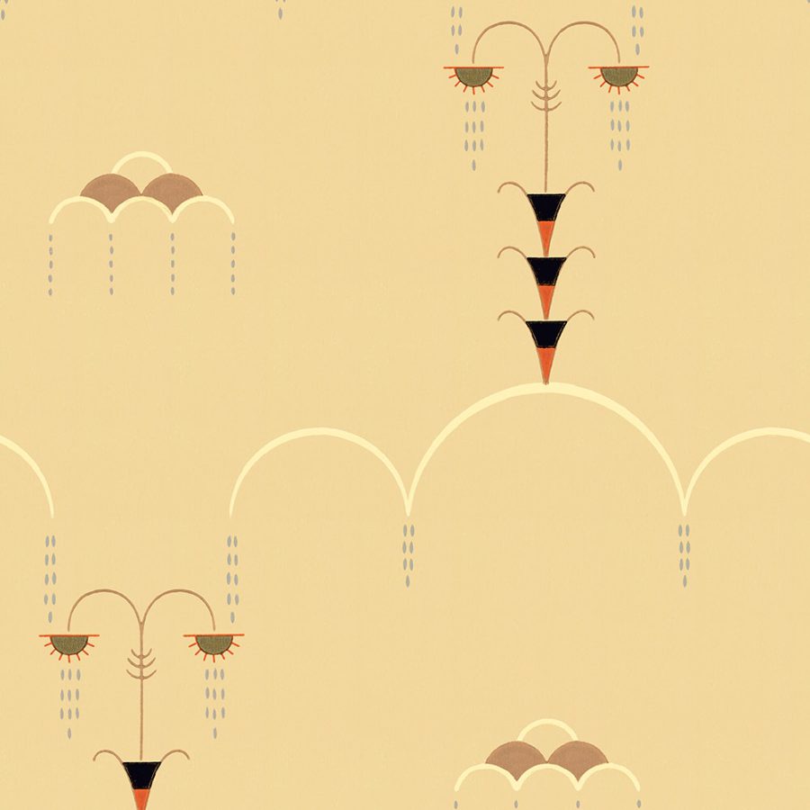 Rainfall is a beige vintage wallpaper featuring repeating abstract Art Deco designs that resemble stylized fountains and geometric arches in black, green, orange, and gray—perfect for set design with a retro touch.