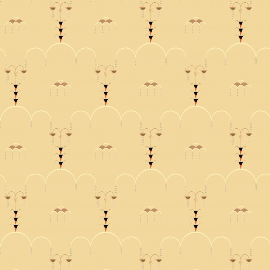 Rainfall features a seamless geometric and curved pattern in beige, black, and red on light tan—evoking vintage wallpaper charm, perfect for art deco-inspired set design.