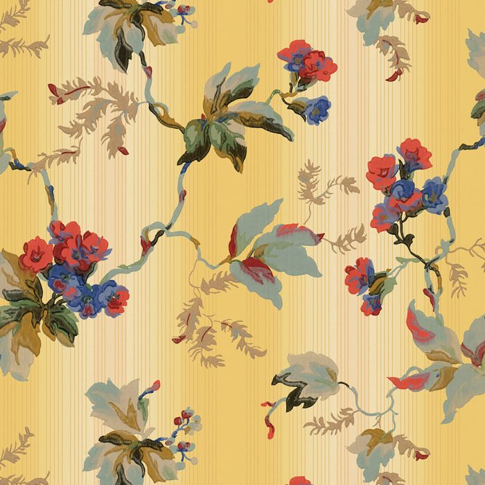 Trentina vintage wallpaper showcases red, blue, and green floral patterns with leaves on a yellow background with subtle vertical stripes—ideal for adding charm to any set design.