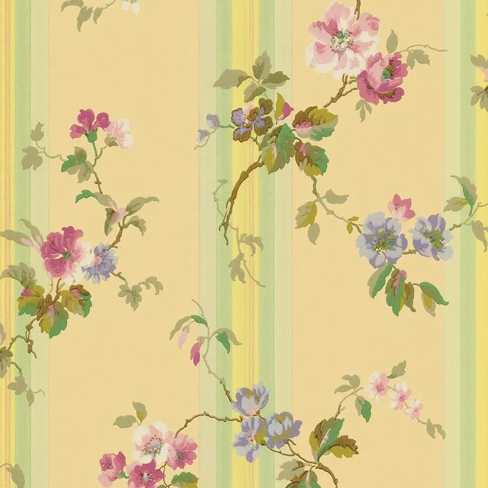 Climbing Roses vintage wallpaper features yellow with green vertical stripes and a floral pattern of pink, purple, and blue flowers—ideal for set design or bringing classic charm to any space.