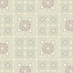 Boingo in Eggplant features a geometric seamless pattern with beige floral and square motifs, highlighted by larger taupe circular floral shapes on a light background—perfect for set design or adding a chic, vintage fifties vibe to any space.