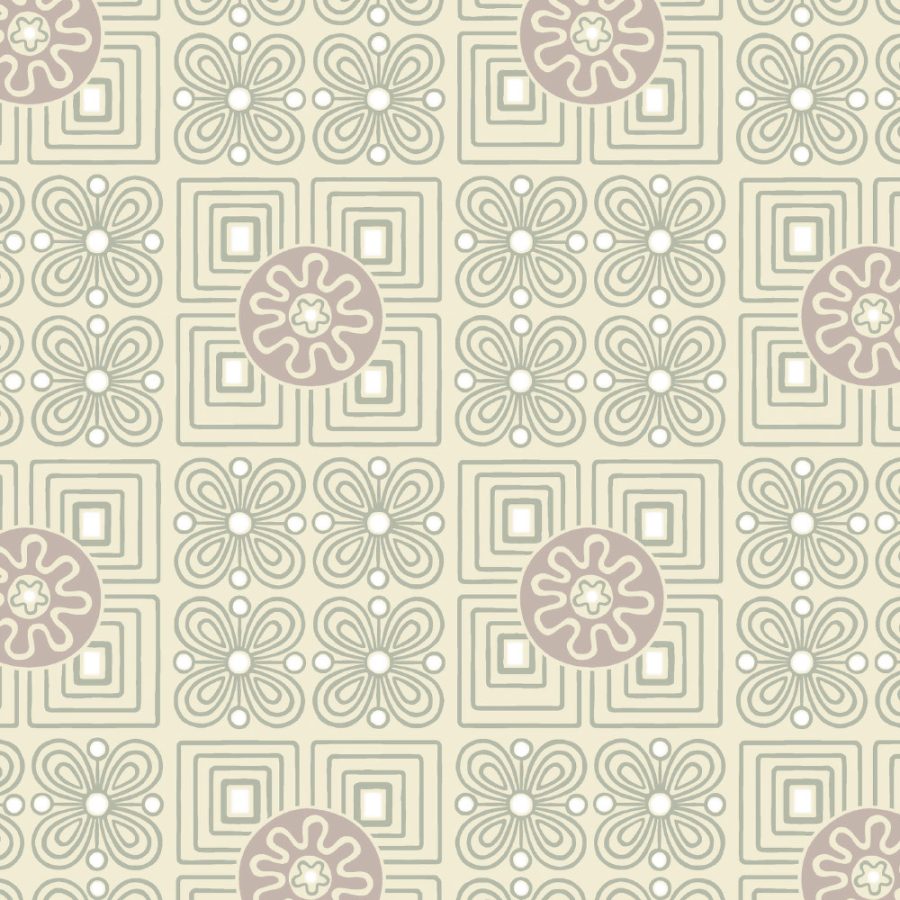 Boingo in Eggplant features a geometric seamless pattern with beige floral and square motifs, highlighted by larger taupe circular floral shapes on a light background—perfect for set design or adding a chic, vintage fifties vibe to any space.