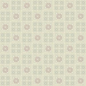 Boingo in Eggplant features a seamless pattern of alternating geometric and floral motifs in sophisticated beige and brown on cream, inspired by 1950s vintage wallpaper—ideal for adding retro flair to set designs.
