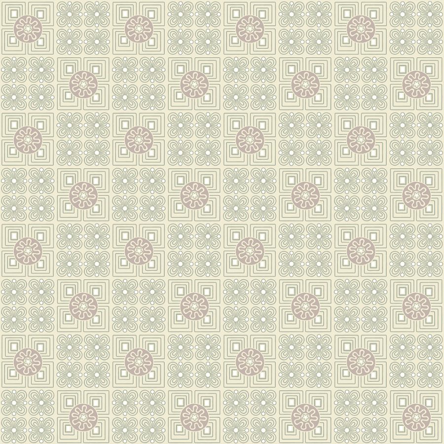 Boingo in Eggplant features a seamless pattern of alternating geometric and floral motifs in sophisticated beige and brown on cream, inspired by 1950s vintage wallpaper—ideal for adding retro flair to set designs.