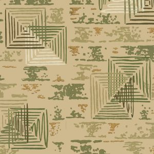 Greg's Room features an abstract pattern of overlapping green, brown, and beige geometric squares on a tan, blotchy-textured background—ideal for vintage wallpaper or creative set design.