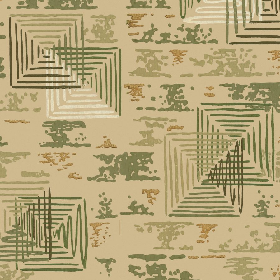 Greg's Room features an abstract pattern of overlapping green, brown, and beige geometric squares on a tan, blotchy-textured background—ideal for vintage wallpaper or creative set design.