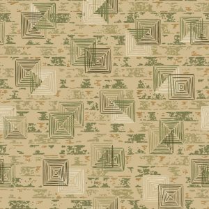 Greg's Room features an abstract geometric pattern of layered square spirals in green, brown, and beige, recalling 1950s vintage wallpaper over a textured background.