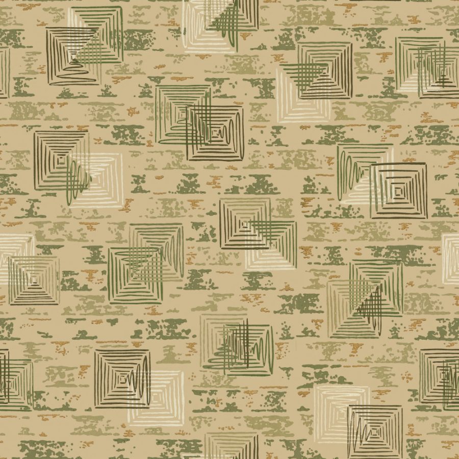 Greg's Room features an abstract geometric pattern of layered square spirals in green, brown, and beige, recalling 1950s vintage wallpaper over a textured background.