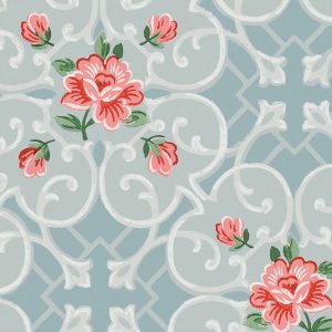 Isabelle wallpaper features a blue background with white scrollwork and clusters of pink and red flowers, accented by green leaves—an ideal choice for infusing classic charm into any set design.