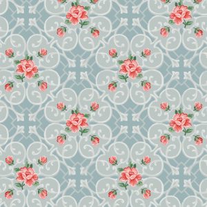 Isabelle: a seamless pattern with red and pink flowers, green leaves, and white ornamental swirls on a light blue background—perfect for vintage 1950s-inspired wallpaper or set design.
