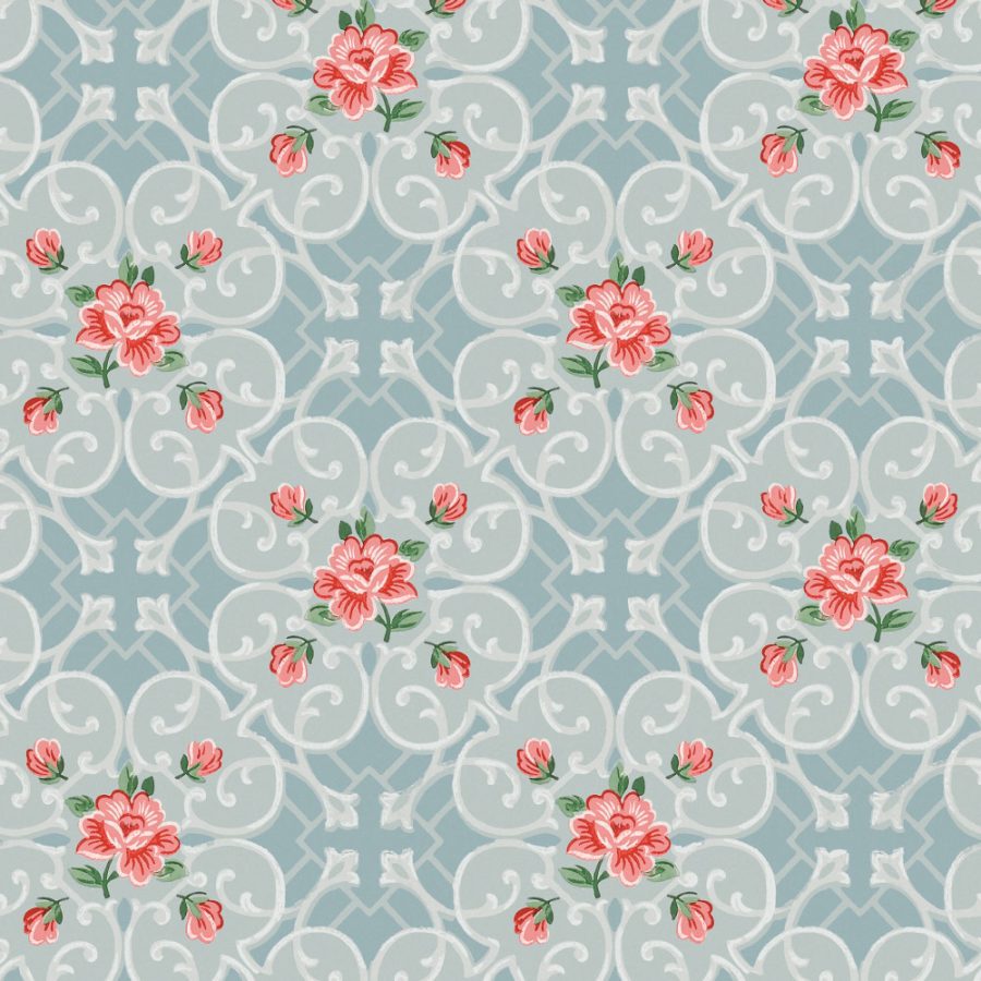 Isabelle: a seamless pattern with red and pink flowers, green leaves, and white ornamental swirls on a light blue background—perfect for vintage 1950s-inspired wallpaper or set design.