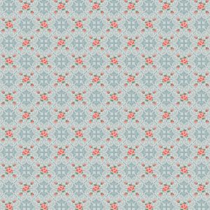 Isabelle features a vintage wallpaper design with repeating red and pink roses, green leaves, and white ornate lattice swirls on a light blue background—ideal for set design or classic interiors.