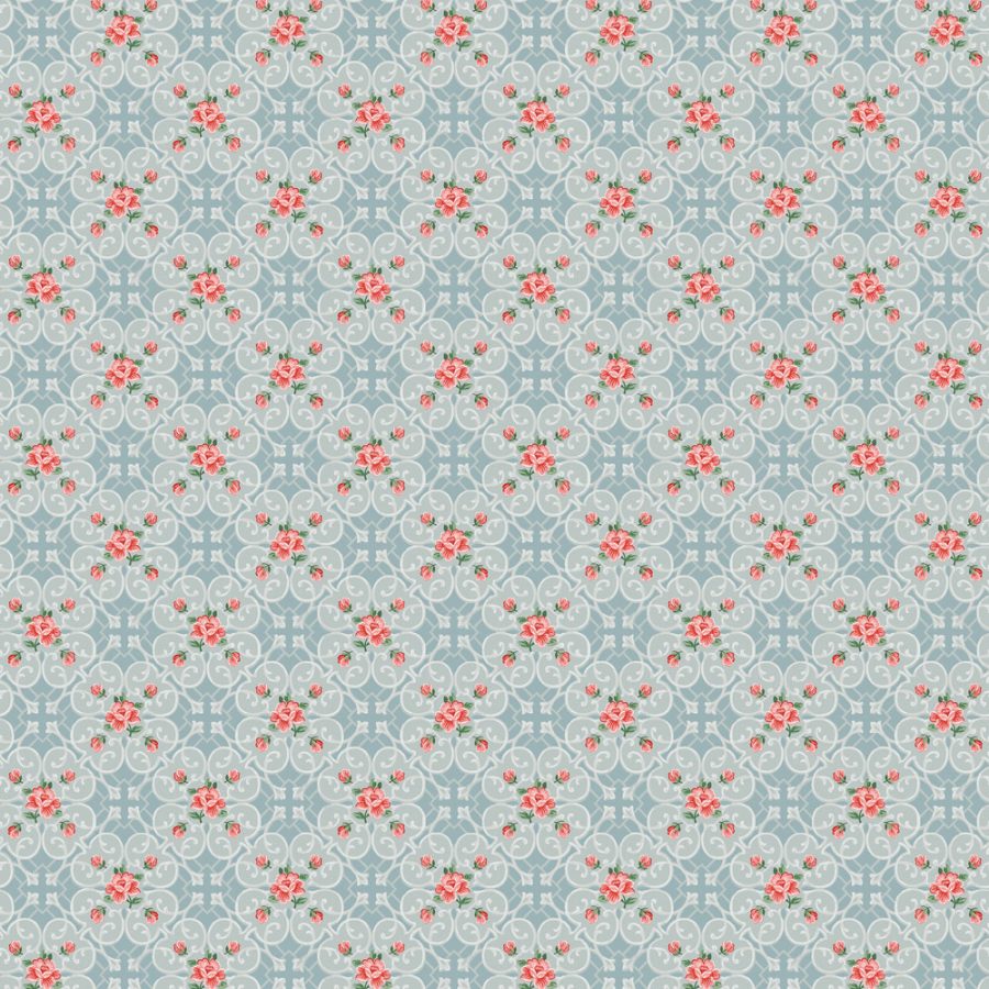 Isabelle features a vintage wallpaper design with repeating red and pink roses, green leaves, and white ornate lattice swirls on a light blue background—ideal for set design or classic interiors.