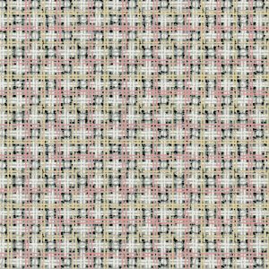 A close-up of Woven fabric displays an intersecting grid pattern in beige, pink, yellow, and black threads, evoking a 1950s set design.