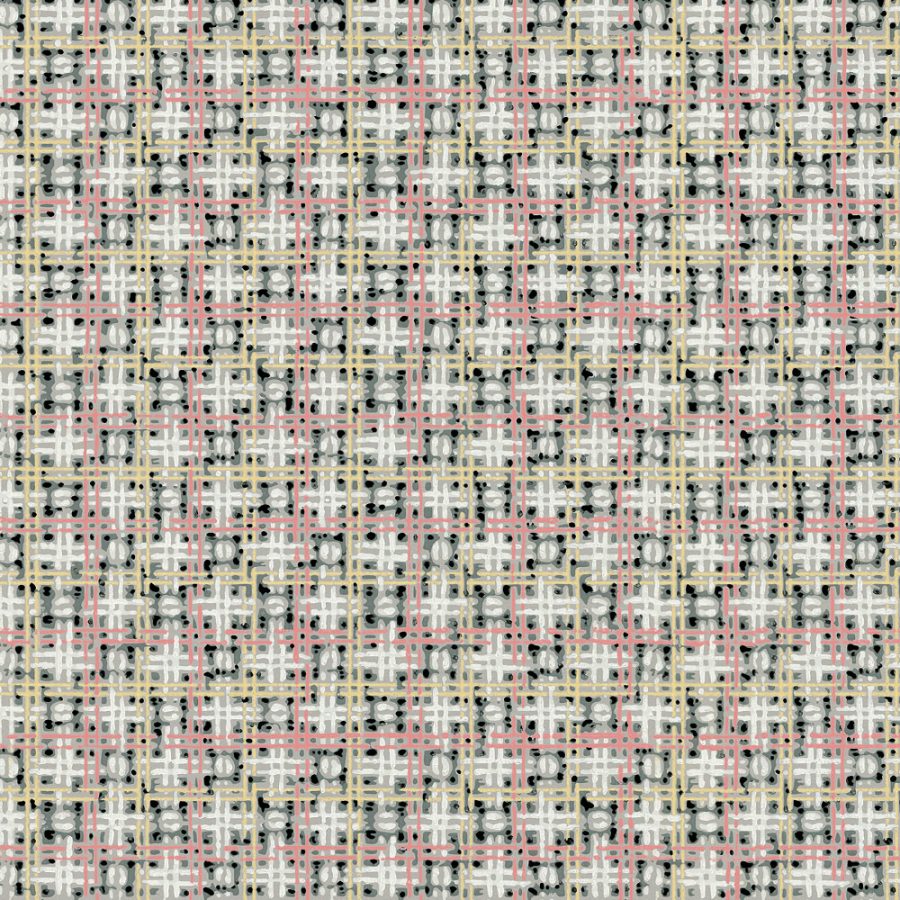 A close-up of Woven fabric displays an intersecting grid pattern in beige, pink, yellow, and black threads, evoking a 1950s set design.