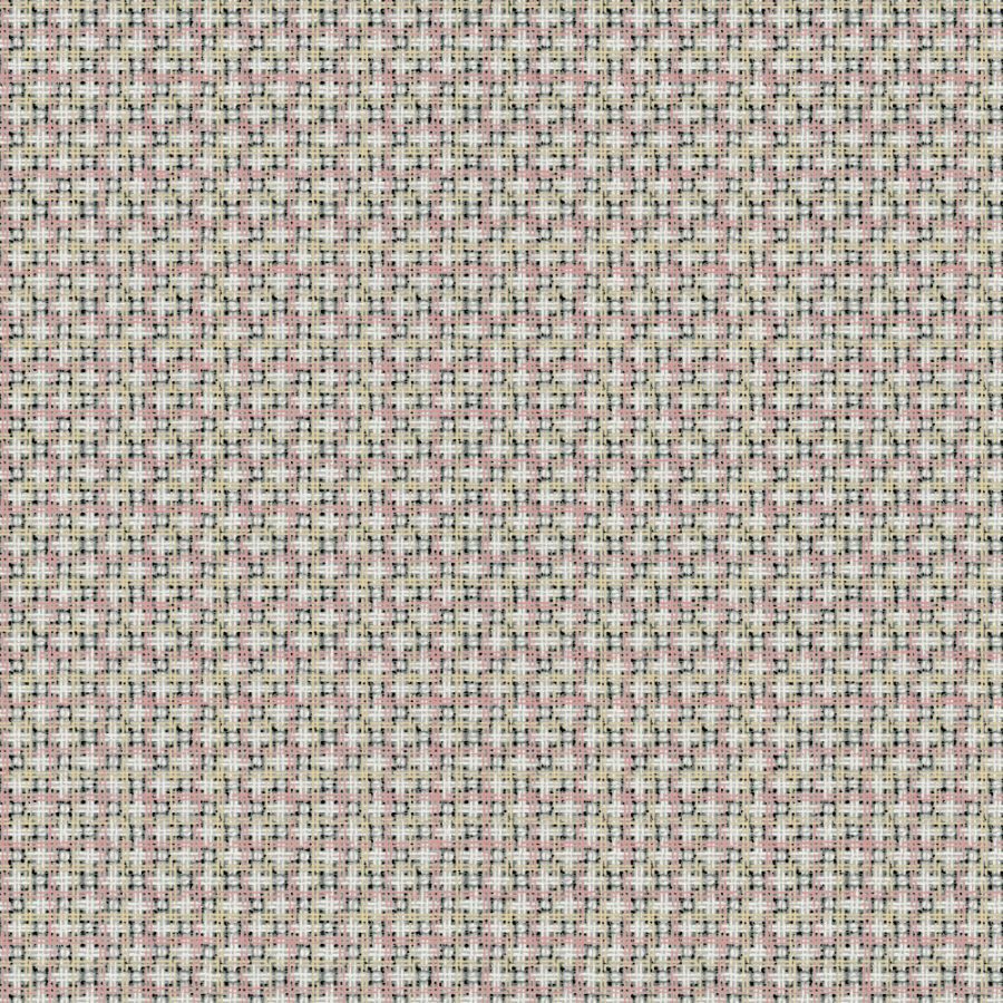 Woven features a dense grid of intersecting colorful lines, creating a textured, retro fifties look reminiscent of vintage wallpaper.