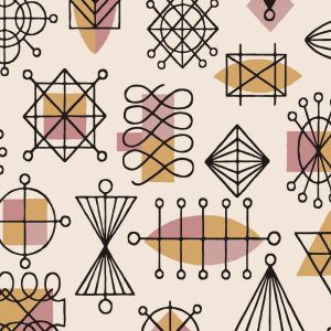 Atomic Doodle in Pink showcases abstract black line shapes and symbols on beige, pink, and mustard backgrounds, ideal for set design or adding vintage wallpaper charm.