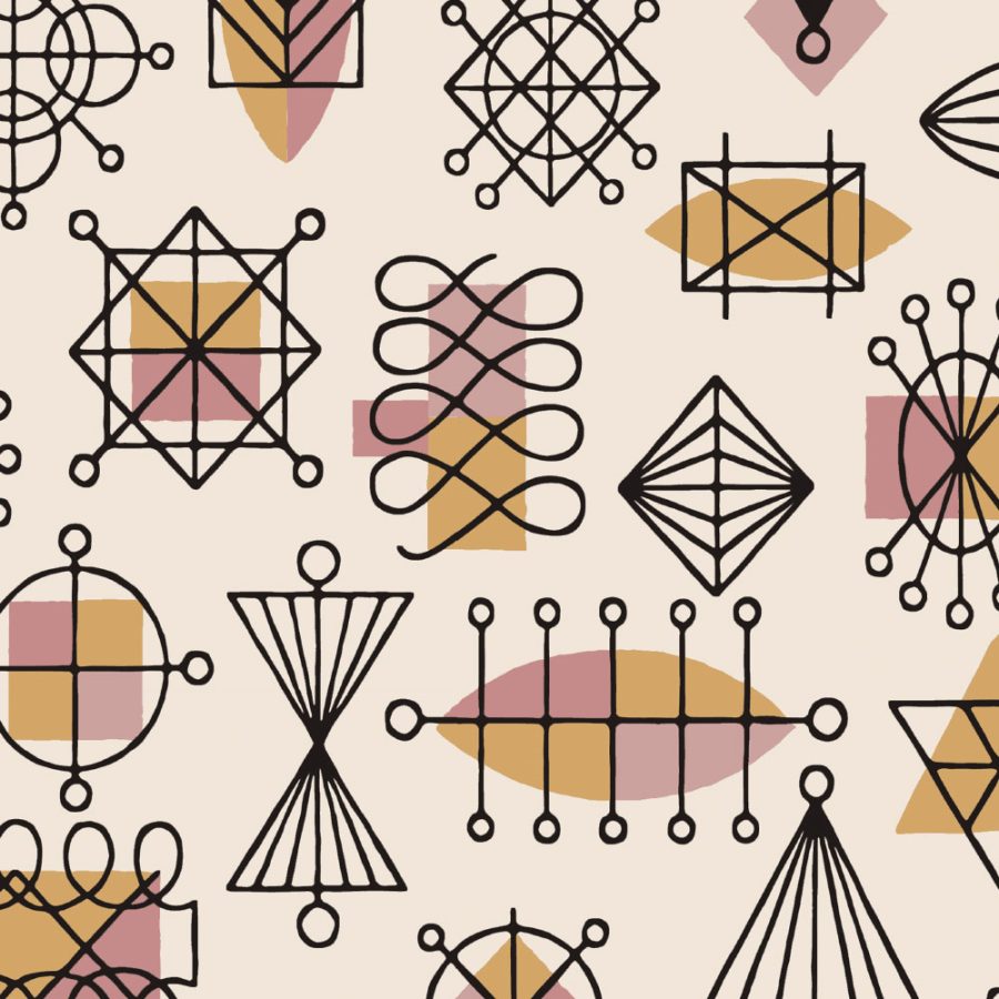 Atomic Doodle in Pink showcases abstract black line shapes and symbols on beige, pink, and mustard backgrounds, ideal for set design or adding vintage wallpaper charm.