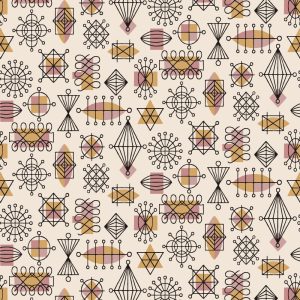 Atomic Doodle in Pink: A seamless pattern of geometric shapes—circles, lines, stars, and diamonds—in black, pink, and mustard on beige. Ideal for vintage wallpaper or set design with a playful retro vibe.