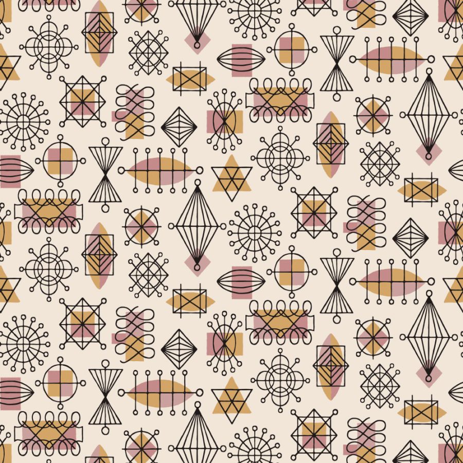Atomic Doodle in Pink: A seamless pattern of geometric shapes—circles, lines, stars, and diamonds—in black, pink, and mustard on beige. Ideal for vintage wallpaper or set design with a playful retro vibe.
