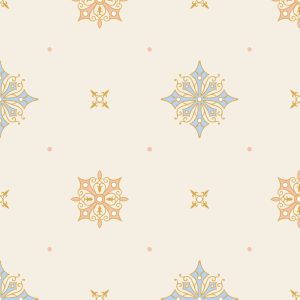 The Pardee Ceiling in Cobalt features a seamless pattern of symmetrical gold and blue ornaments on a light beige background, with small dots and stylized floral motifs reminiscent of Victorian wallpaper.