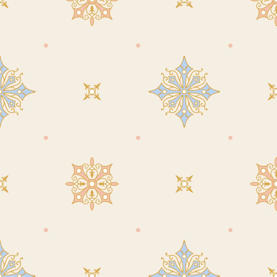The Pardee Ceiling in Cobalt features a seamless pattern of symmetrical gold and blue ornaments on a light beige background, with small dots and stylized floral motifs reminiscent of Victorian wallpaper.
