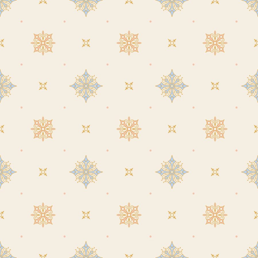 The Pardee Ceiling in Cobalt features a seamless neoclassical pattern with blue and gold floral motifs and small dots on a light beige background.