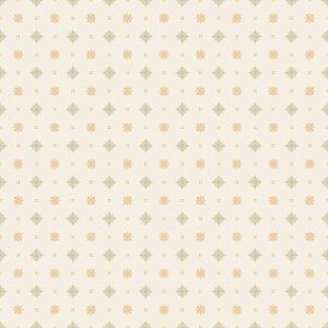 Pardee Ceiling in Cobalt features a repeating pattern of small, intricate yellow and light green geometric floral motifs on a beige background, inspired by elegant Victorian wallpaper.