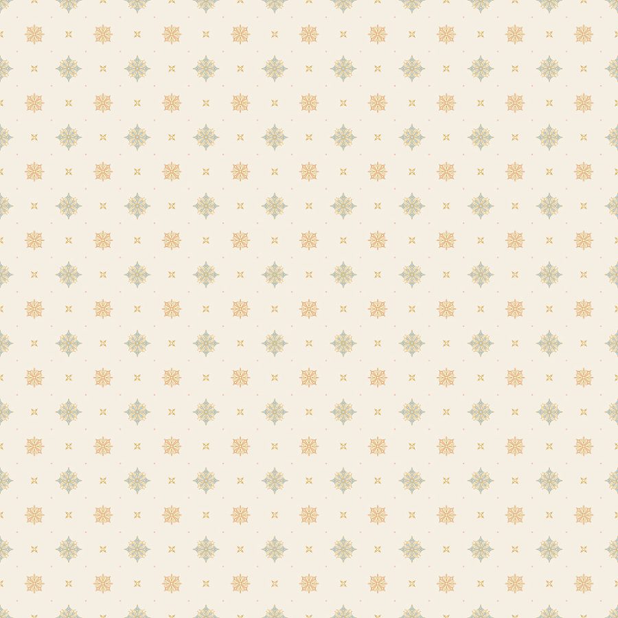 Pardee Ceiling in Cobalt features a repeating pattern of small, intricate yellow and light green geometric floral motifs on a beige background, inspired by elegant Victorian wallpaper.