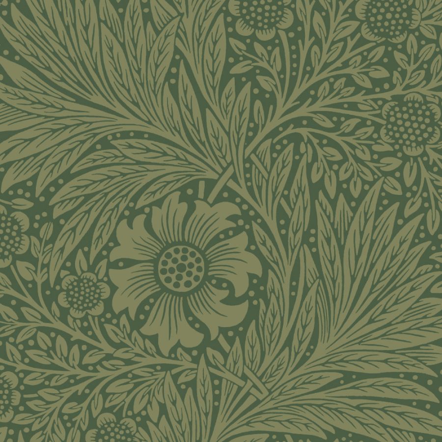 Marigold in Forest Green features a lush, symmetrical floral and leaf pattern on a dark green background, echoing William Morris' arts and crafts style.