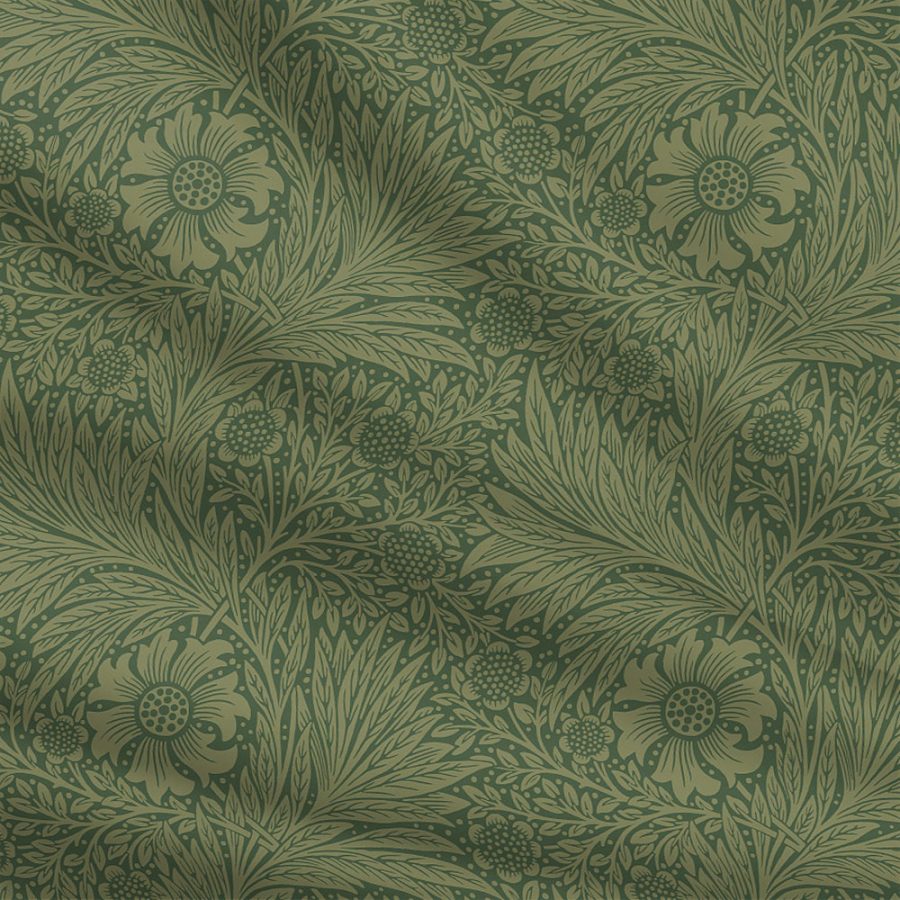 The "Marigold in Forest Green" features a green floral and leaf pattern with intricate, symmetrical designs, large flowers, and detailed foliage reminiscent of William Morris's style, capturing the elegant essence of arts and crafts in every motif.