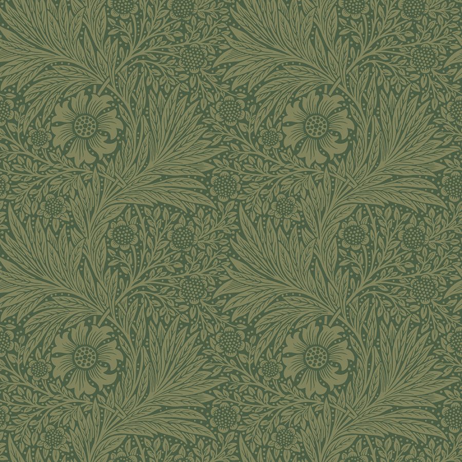 Marigold was originally designed by William Morris in 1875. This pattern features large single blossoms amid leafy meanders over a ground of smaller flowers.