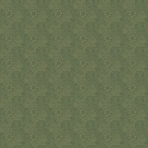 The Marigold in Forest Green showcases a green floral pattern with a symmetrical leaf and flower design, echoing classic Morris wallpaper.