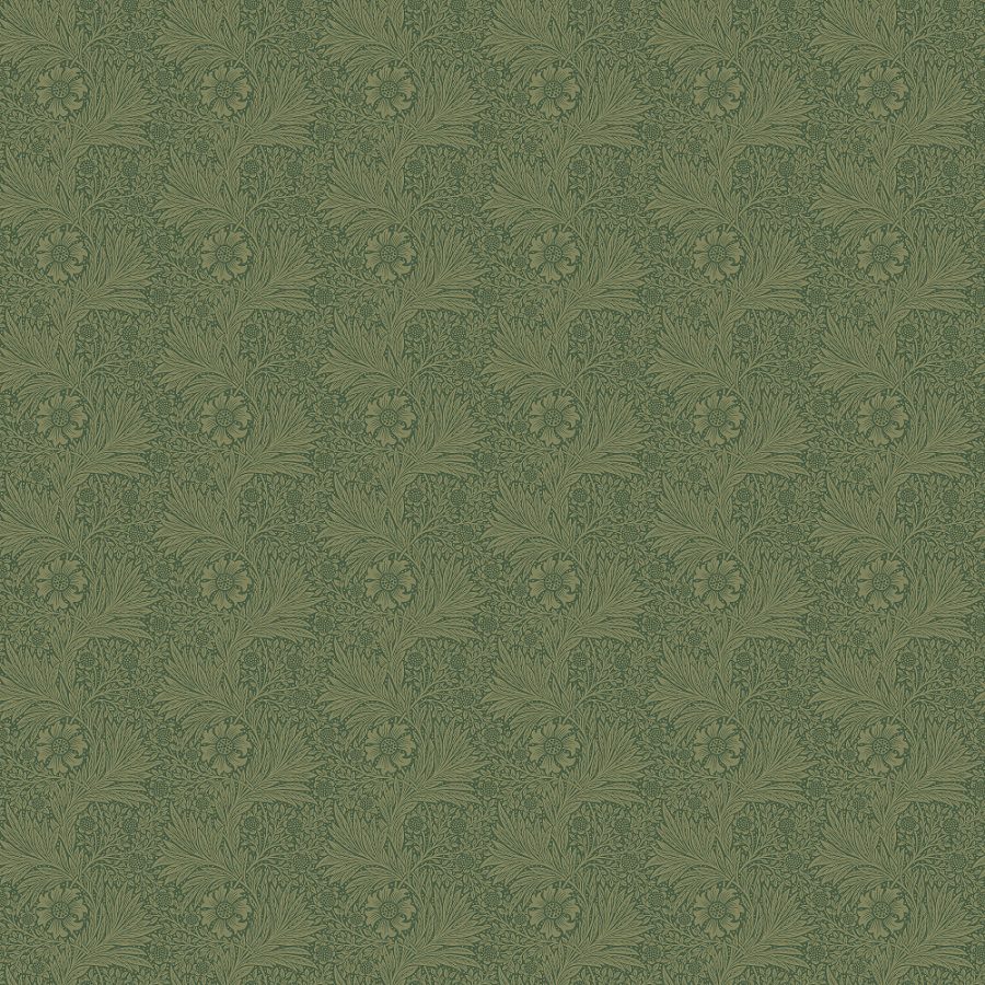 The Marigold in Forest Green showcases a green floral pattern with a symmetrical leaf and flower design, echoing classic Morris wallpaper.