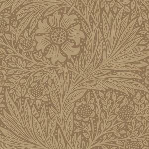 The Marigold in Natural design captures the cozy charm of a bungalow with its brown and beige floral pattern, echoing classic William Morris wallpaper through large and small flowers, leaves, and intertwining vines in a detailed, symmetrical layout.