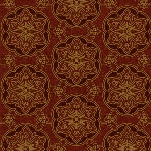 Itsuko in Oxblood features repeating floral and geometric gold patterns on a rich red background, creating symmetrical motifs that evoke timeless charm—perfect for old house enthusiasts and Victorian restoration projects.