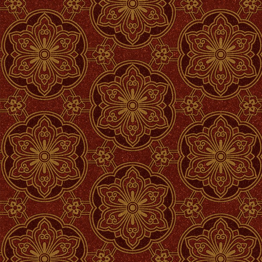 Itsuko in Oxblood features repeating floral and geometric gold patterns on a rich red background, creating symmetrical motifs that evoke timeless charm—perfect for old house enthusiasts and Victorian restoration projects.