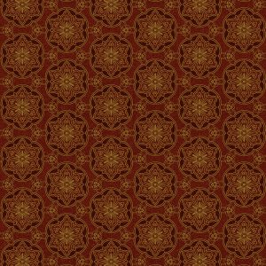 Itsuko in Oxblood features an intricate gold floral mandala pattern on a deep red background, inspired by Japanese wallpaper and arranged in a seamless, symmetrical design.