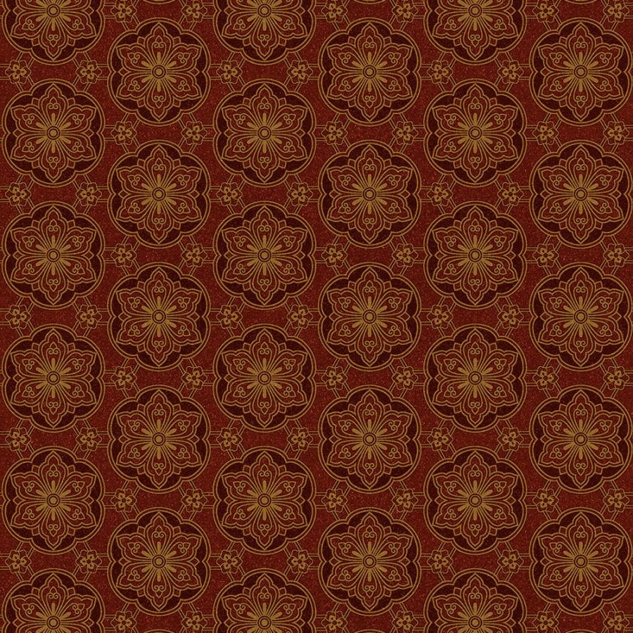 Itsuko in Oxblood features an intricate gold floral mandala pattern on a deep red background, inspired by Japanese wallpaper and arranged in a seamless, symmetrical design.