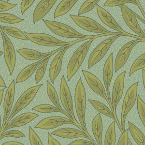 Arbor features a seamless pattern of green leafy branches on a turquoise background with yellow circles, inspired by Victorian aesthetic movement wallpaper.