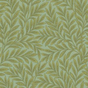 Arbor wall fill, designed by B.J. Talbert, features green leafy branches set on a light blue background accented by small golden circlets.