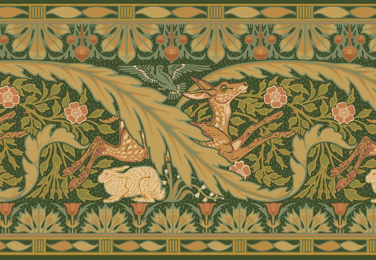 Wallpaper frieze "Deer & Rabbit in Autumn," showcasing a deer, rabbit, and bird among lush foliage with decorative floral patterns in green and gold tones. Designed by Walter Crane.