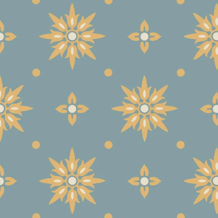 Italianate Enrichment in Venetian features a seamless pattern of yellow floral motifs and dots on a muted blue background, inspired by Victorian wallpaper, with an evenly repeating design.